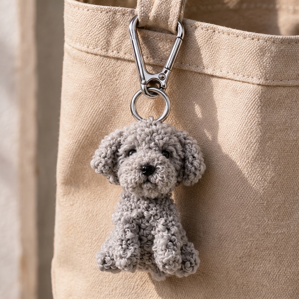 The same poodle as a full hand-crocheted charm on their canvas tote