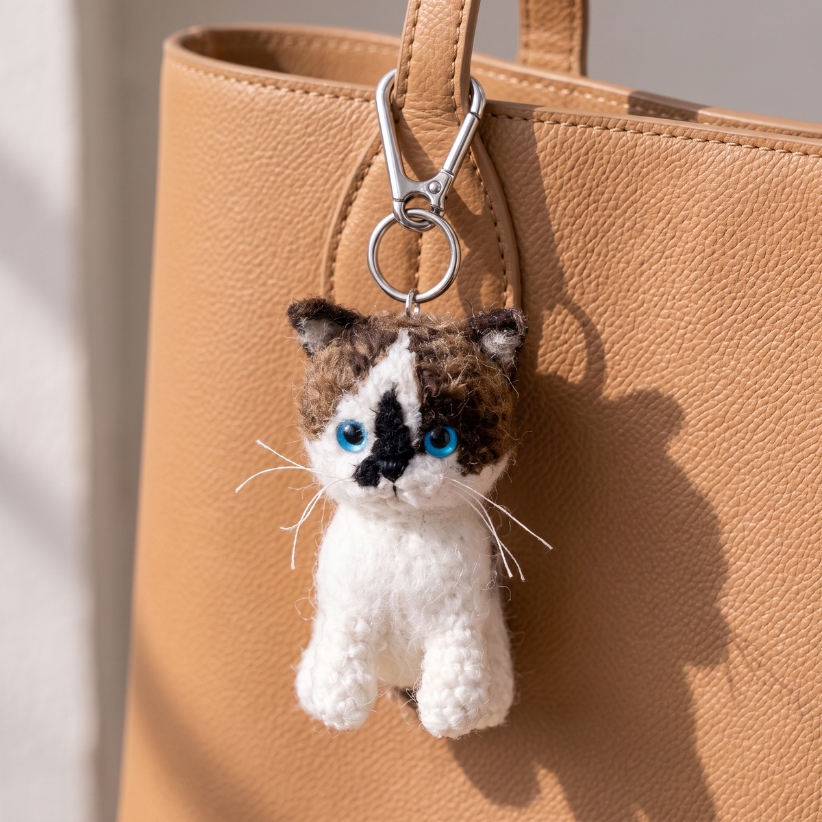 The same cat as a hand-crocheted charm on their leather handbag