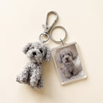 Acrylic photo charm with the pet's real photo hanging beside the crochet mini-me charm